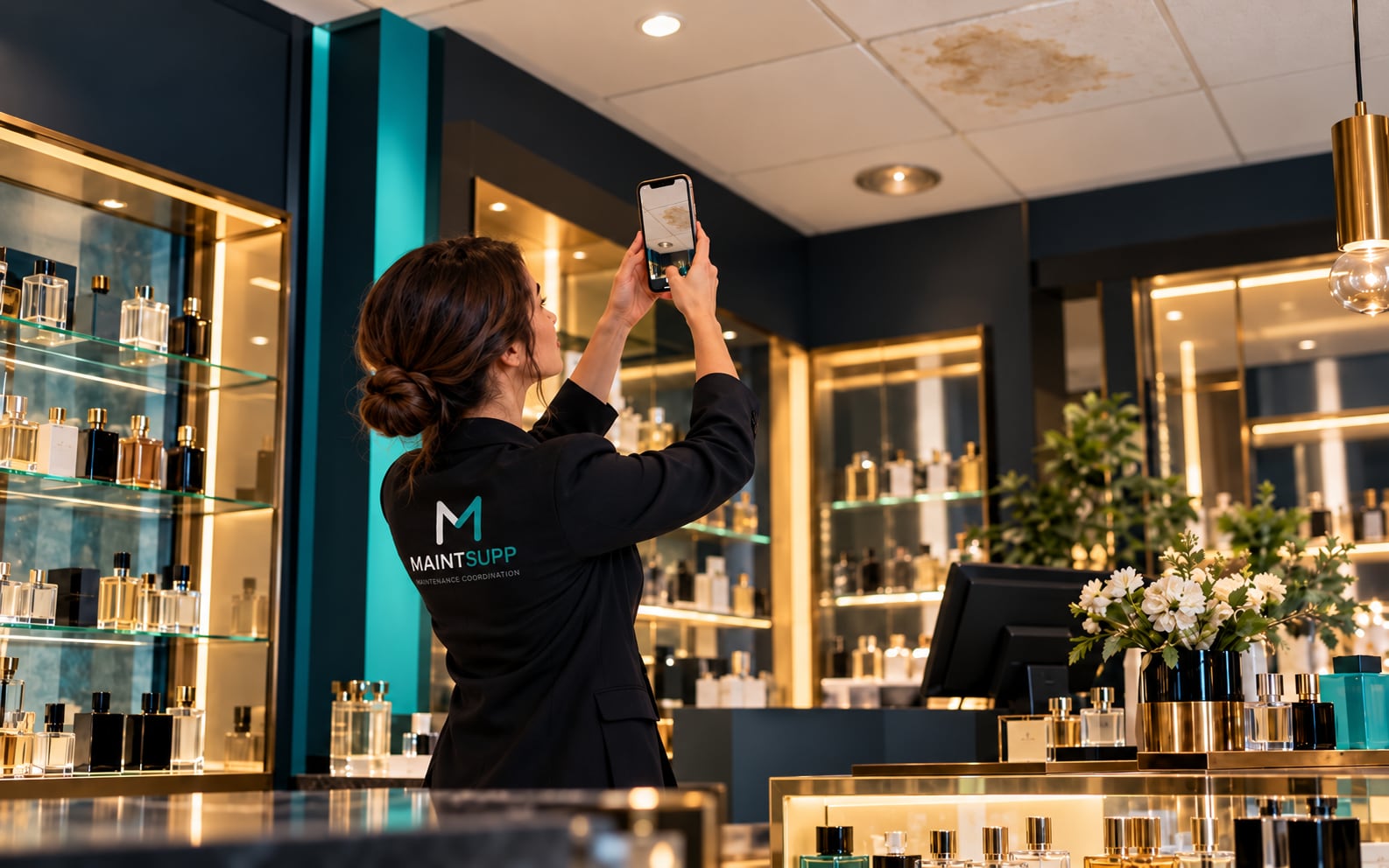 A woman in a Maintsupp jacket photographing a water-stained ceiling tile in a fragrance shop with her phone