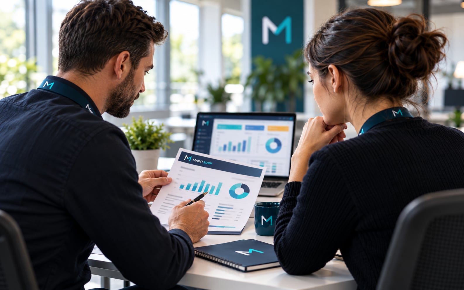 Two managers reviewing a printed Maintsupp monthly report with charts beside a laptop dashboard