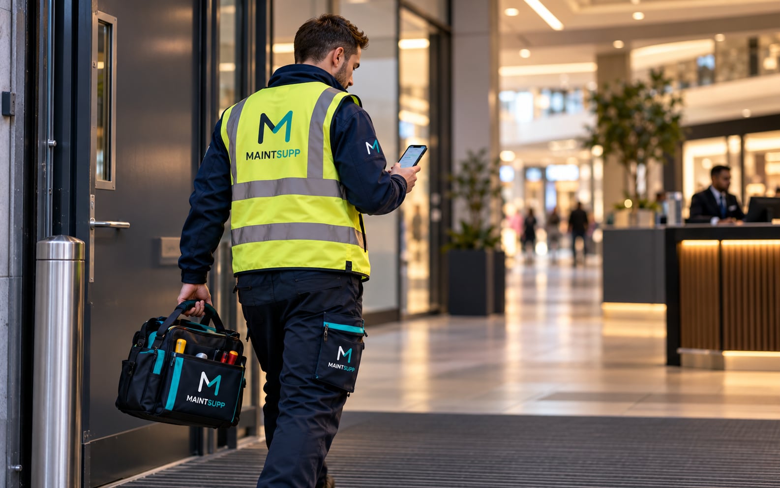 A Maintsupp contractor in a hi-vis vest carrying a toolbag into a shopping centre while checking the job on his phone