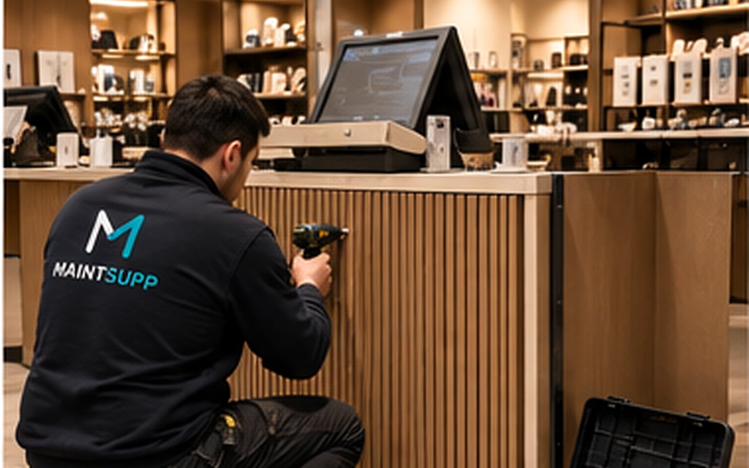A carpenter kneeling at a shop counter, drilling into its fluted timber front beside the till, with an open toolbox on the floor