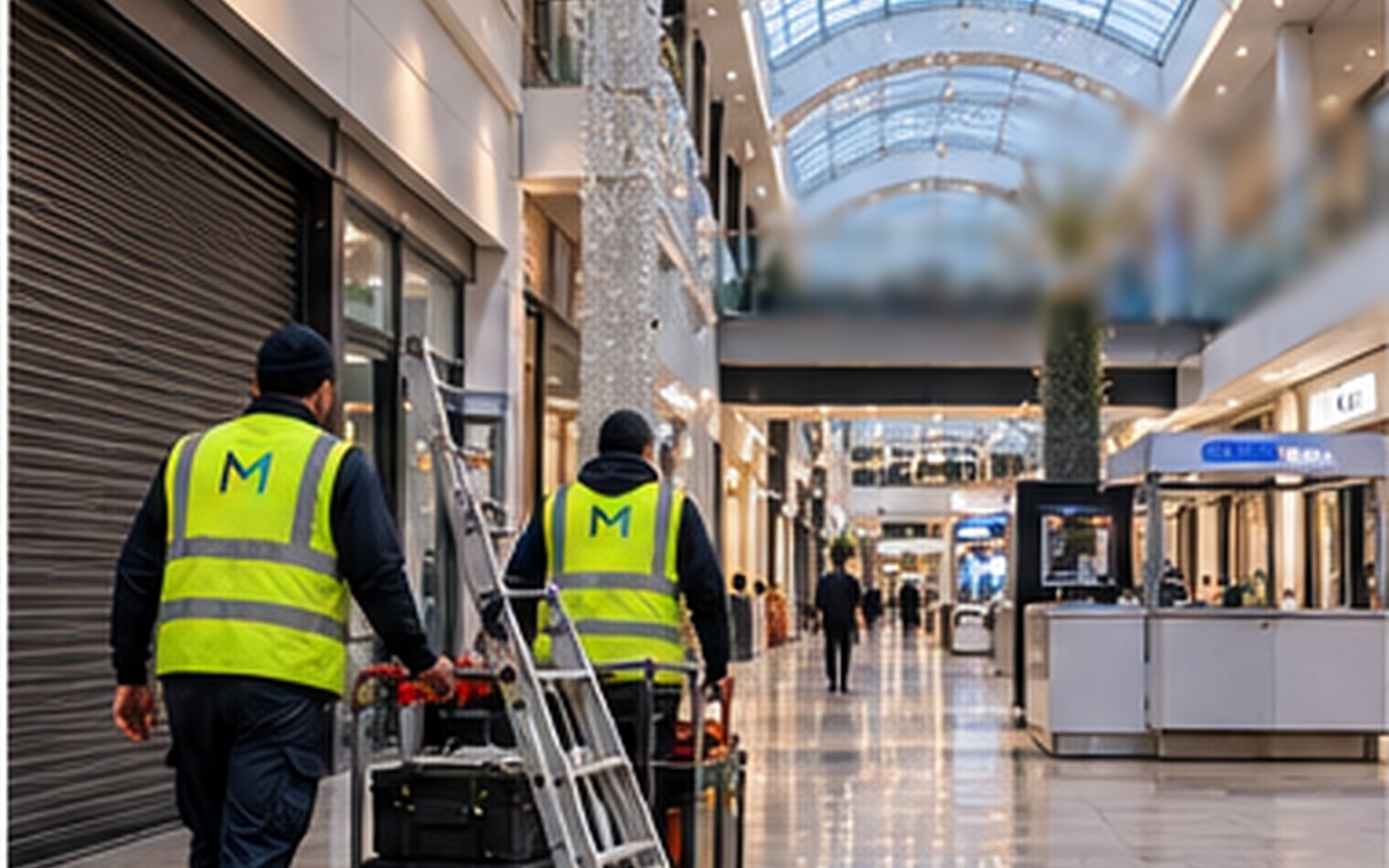 Two contractors in hi-vis vests wheeling tool trolleys and a stepladder along a quiet shopping-centre walkway under a glass roof