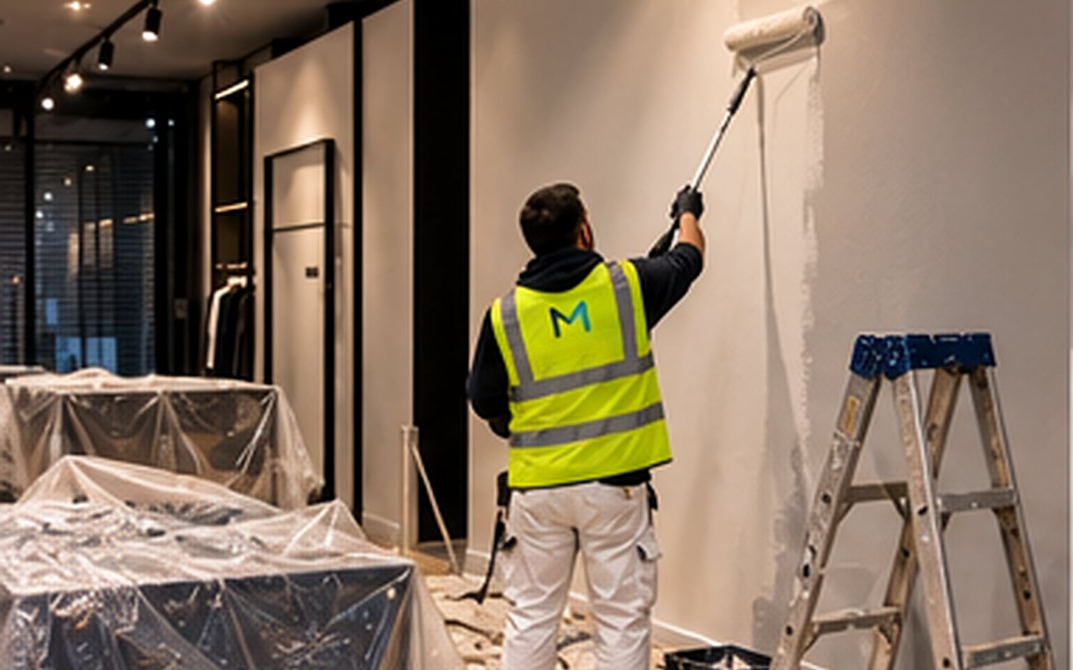 A decorator in a hi-vis vest painting a shop wall with a roller on a pole, the display tables under dust sheets and a stepladder beside him