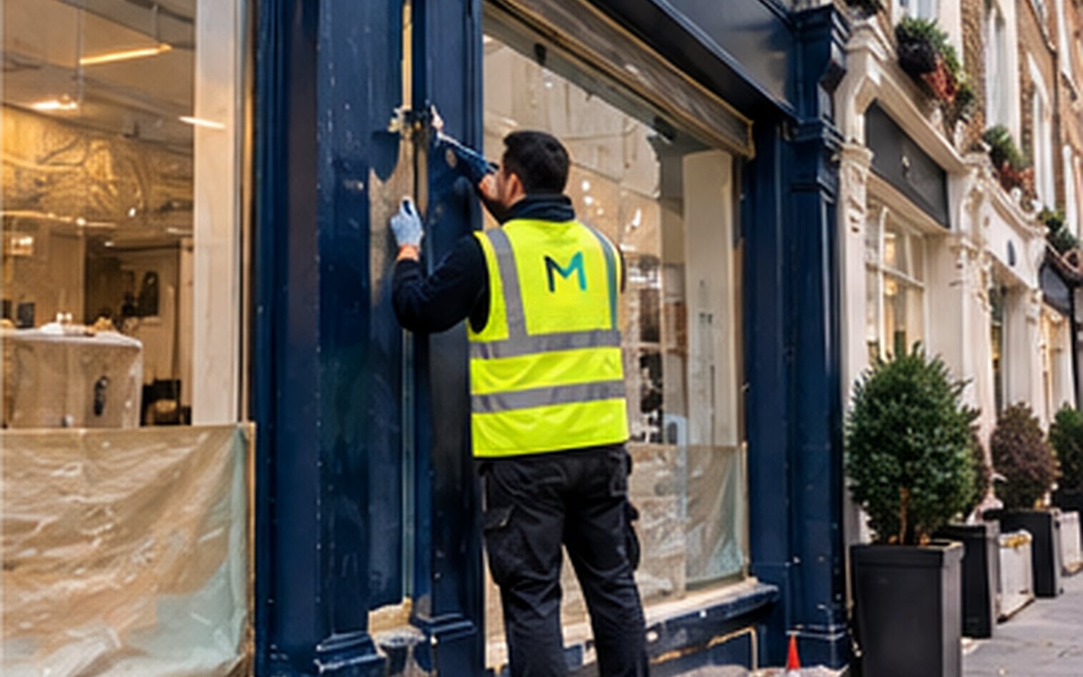 A decorator in a hi-vis vest working on the dark blue painted frame of a shopfront on a street of small boutiques, with sheeting over the windows