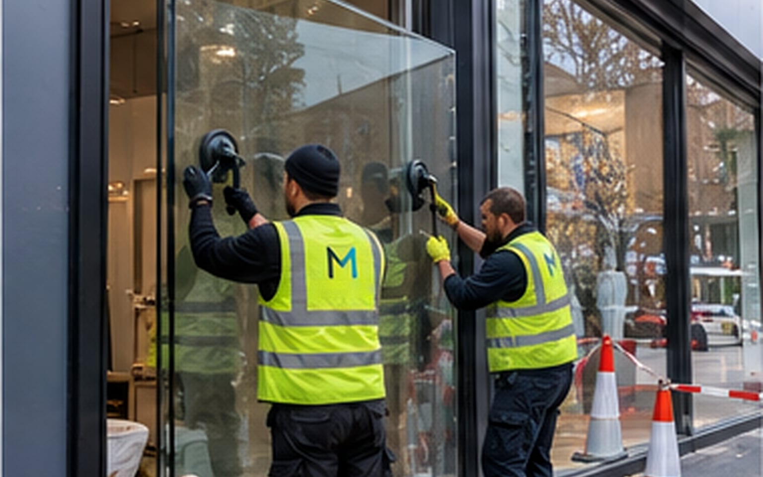 Two glaziers using suction lifters to fit a large pane of glass into a shopfront, with the pavement behind them coned off