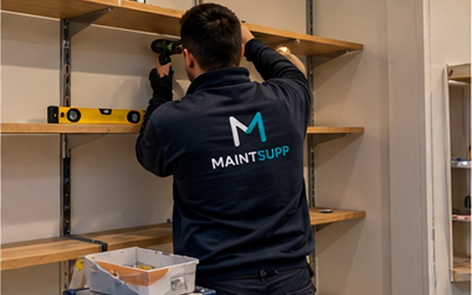 A handyman fixing timber shelves to wall uprights with a cordless drill, a spirit level on the shelf and a box of fixings beside him