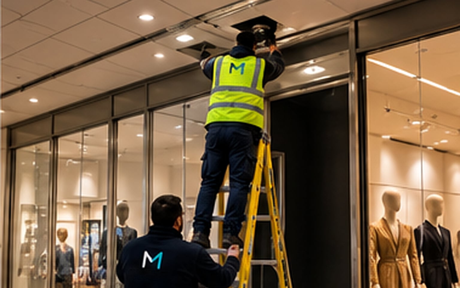A contractor on a yellow stepladder working on a ceiling fitting above a shop entrance in a shopping centre, while a second person steadies the ladder
