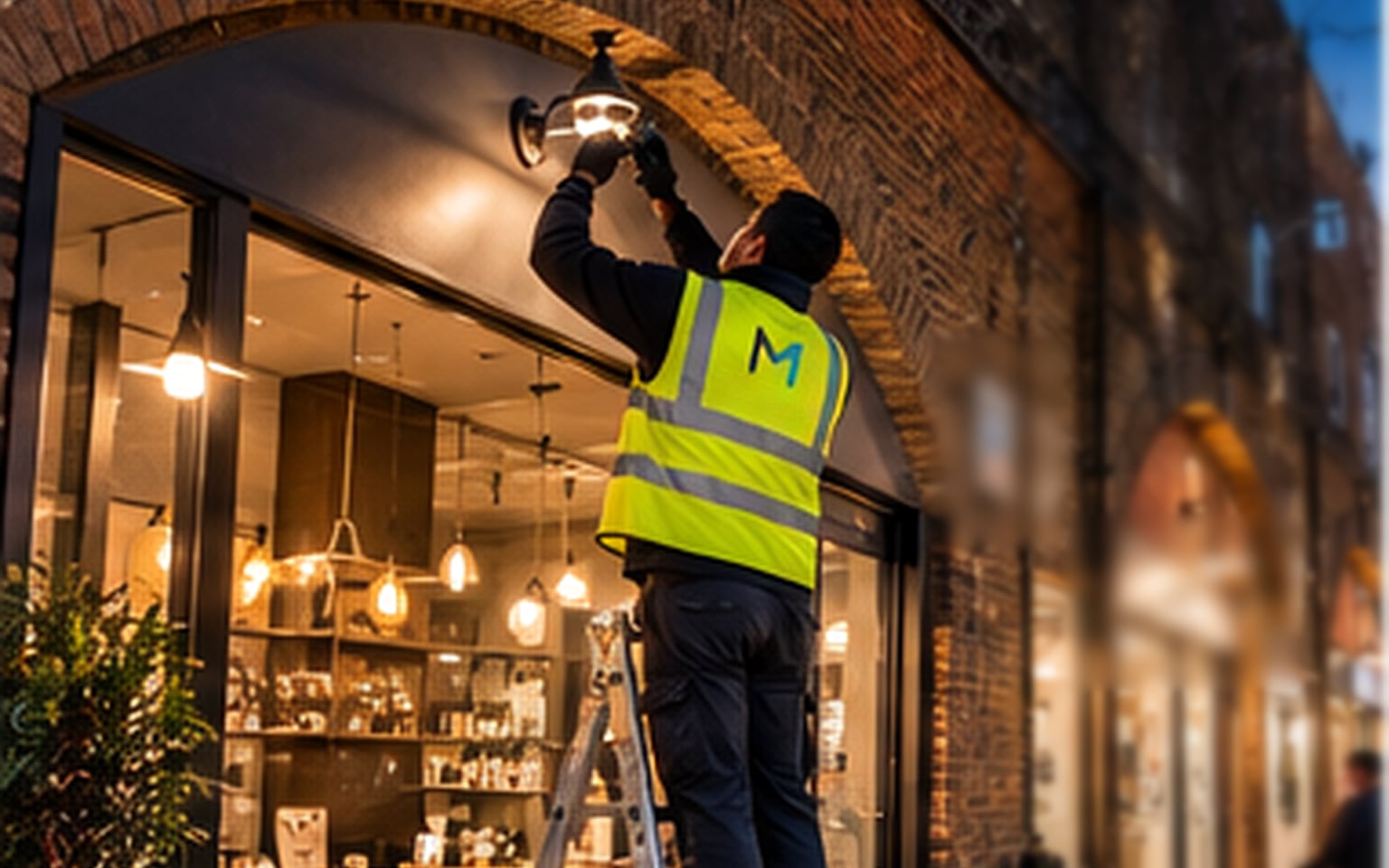 An electrician on a stepladder fitting an outside light above a shop entrance set in a brick arch, at dusk