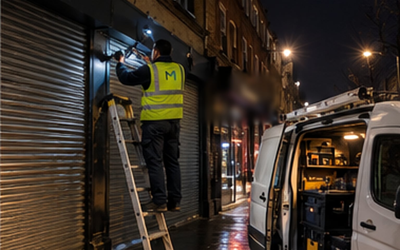 A contractor wearing a head torch working on a roller shutter from a ladder on a wet street at night, with a white van parked alongside, its side door open