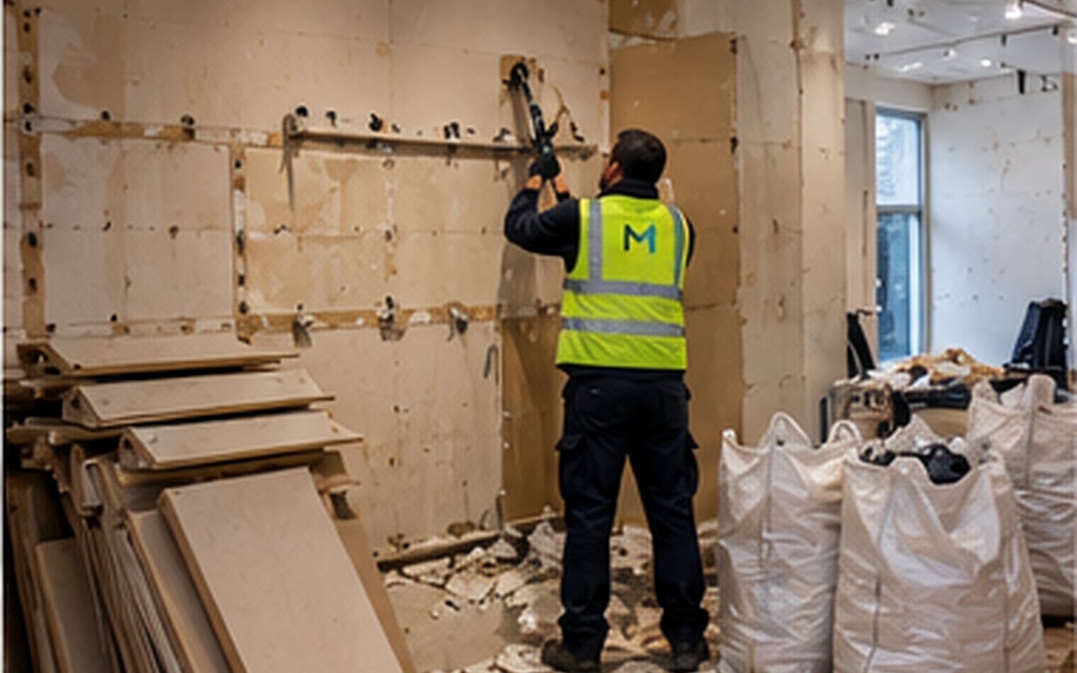 A contractor in a hi-vis vest removing the last fixings from the bare wall of an empty shop, with stripped-out panels stacked on the floor and filled rubble bags by the window