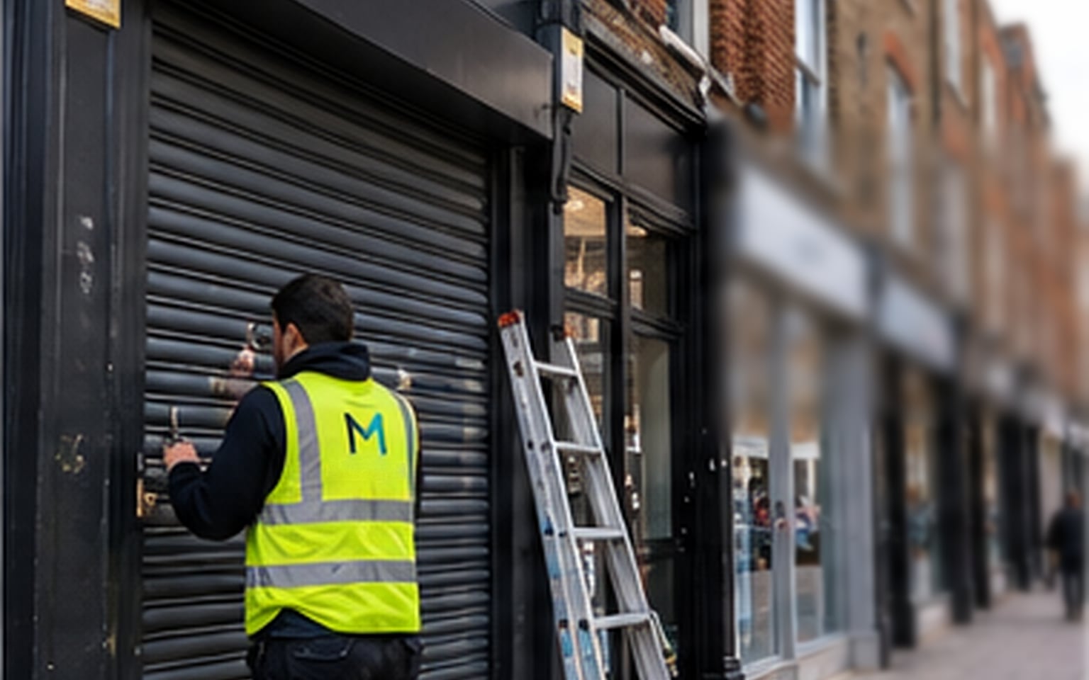 A tradesperson in a hi-vis vest working on a black roller shutter on a high street of brick buildings, with a ladder propped against the shopfront