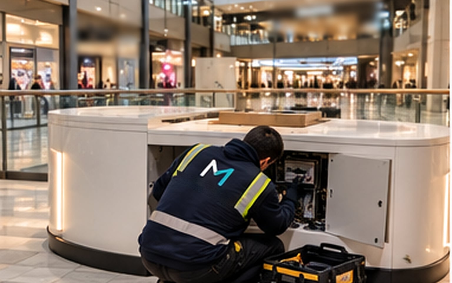 A technician crouching at a white kiosk in a shopping centre, working inside its open base cabinet, with a tool bag on the floor beside him