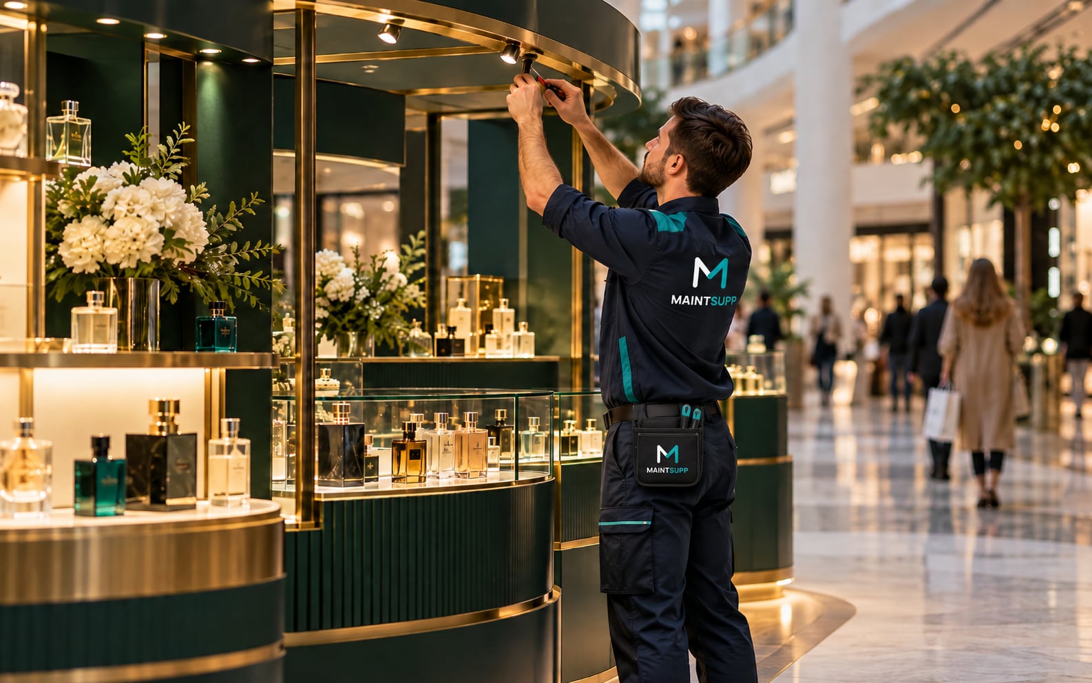 A Maintsupp engineer adjusting a spotlight on a dark green and gold fragrance kiosk in a shopping centre