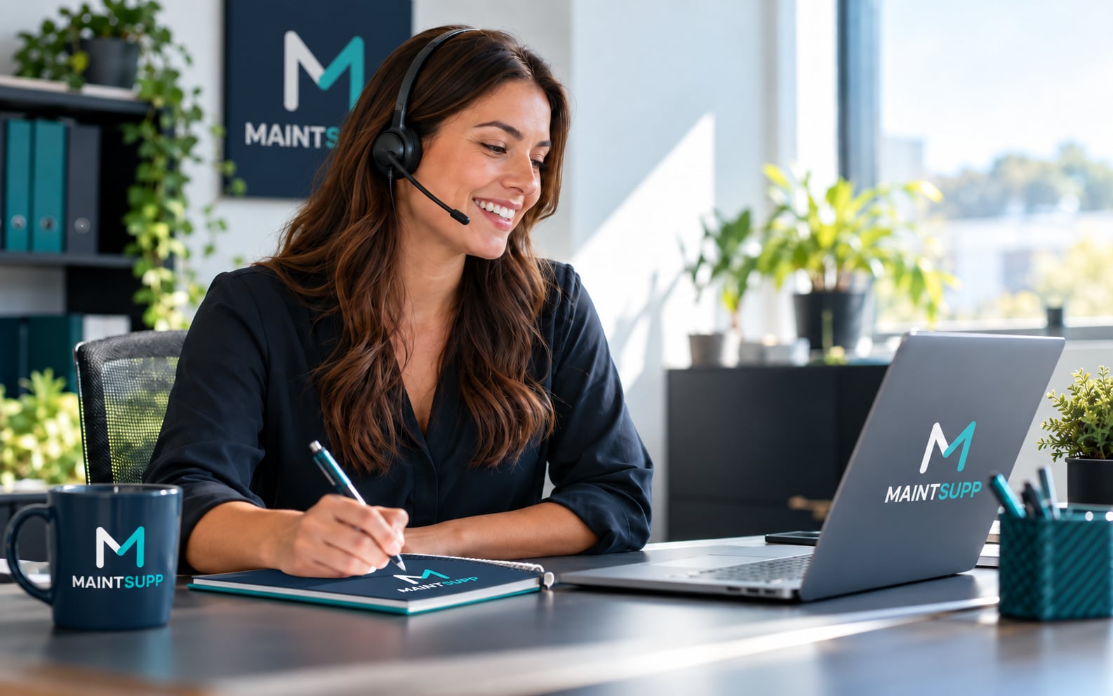 A smiling Maintsupp coordinator in a headset taking notes at a bright office desk