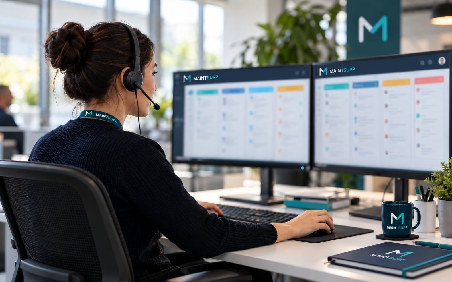 A Maintsupp coordinator in a headset working at two monitors that show a job board with coloured status columns