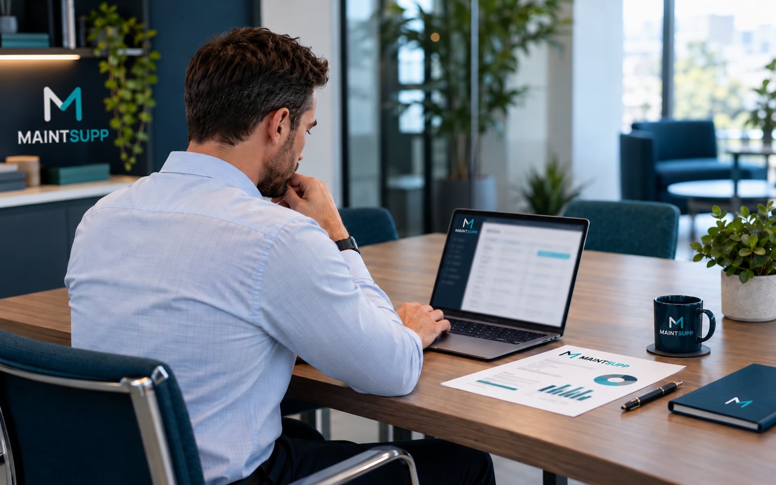 A facilities manager reviewing an invoice on a laptop beside a printed maintenance summary report