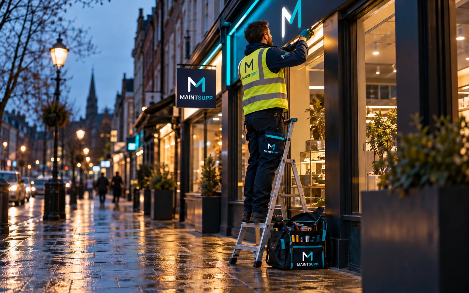 A Maintsupp engineer in a hi-vis vest on a stepladder repairing an illuminated shopfront sign on a rain-wet UK high street at dusk