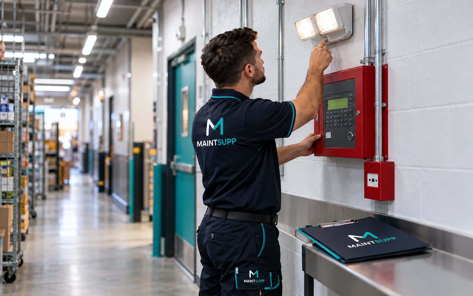 A Maintsupp technician testing an emergency light beside a red fire alarm panel in a back-of-house corridor