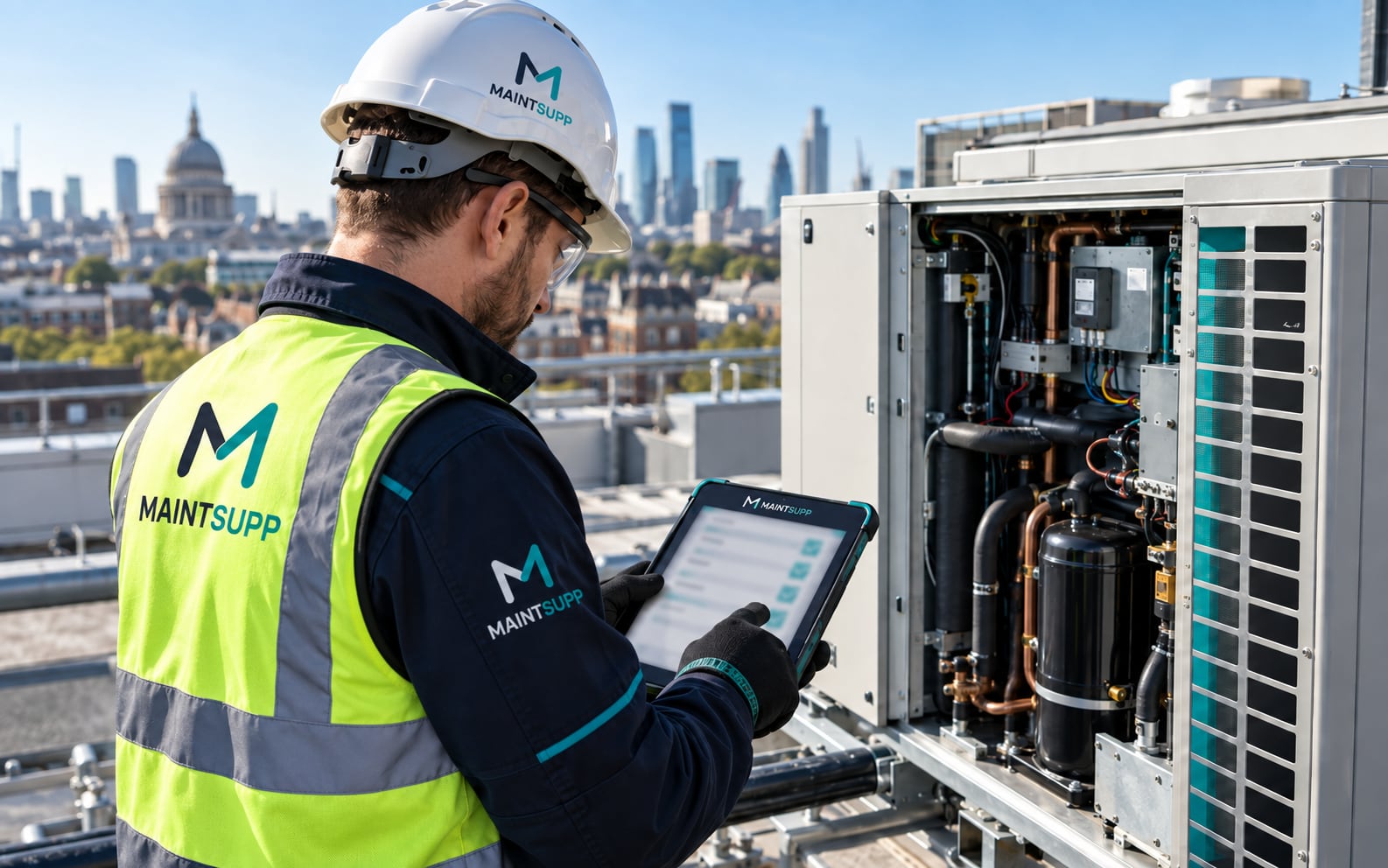 A Maintsupp technician in a hard hat checking a tablet checklist beside an open rooftop air-conditioning unit above the London skyline