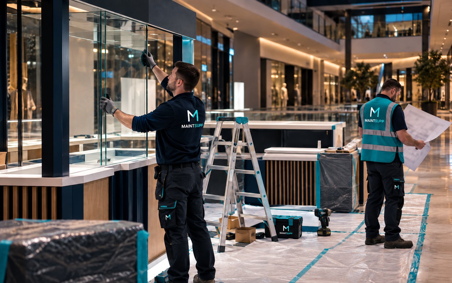 A Maintsupp fit-out team installing a glass display kiosk in a shopping centre, one fitting a panel while another checks a drawing