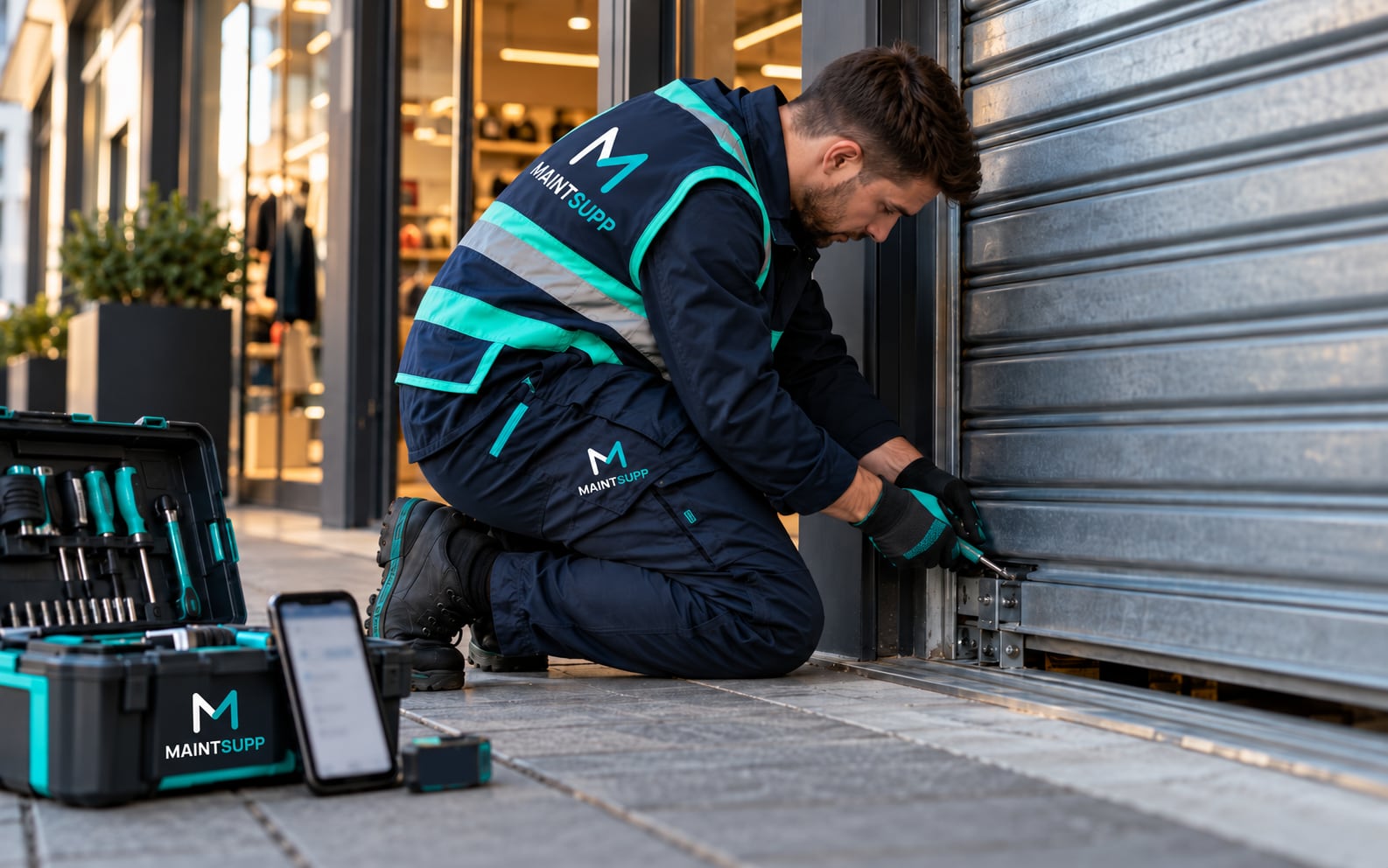 A Maintsupp engineer kneeling at a shop entrance to repair a jammed roller shutter, with an open toolbox and phone beside him