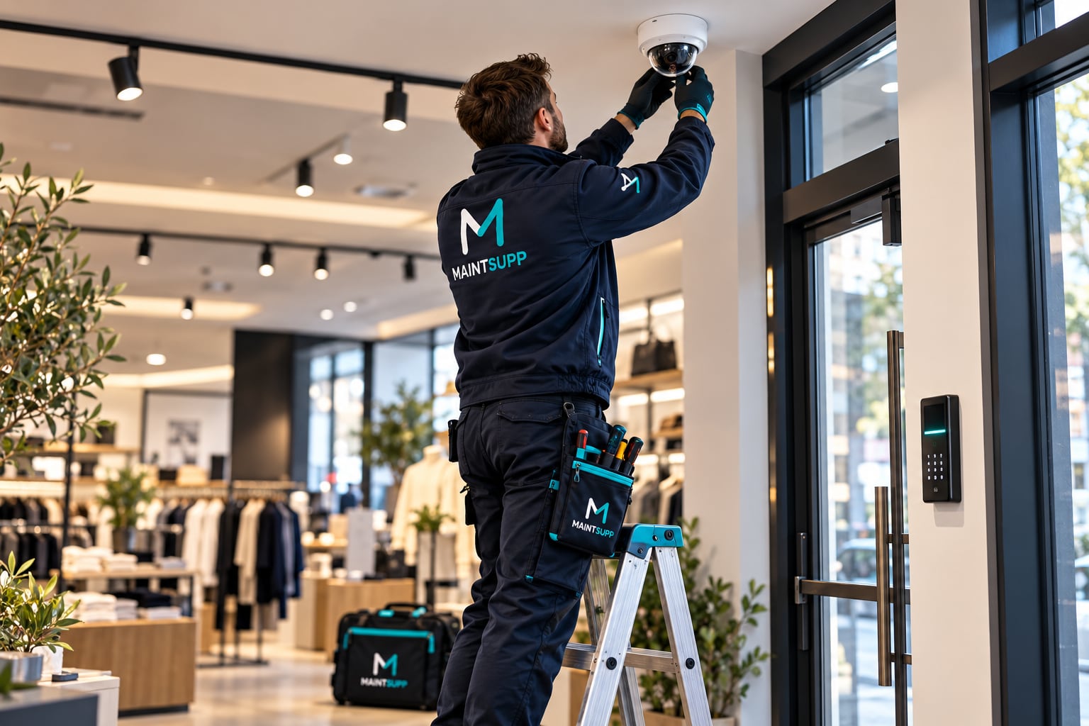 A Maintsupp engineer on a stepladder adjusting a ceiling dome CCTV camera beside a store entrance with an access-control keypad