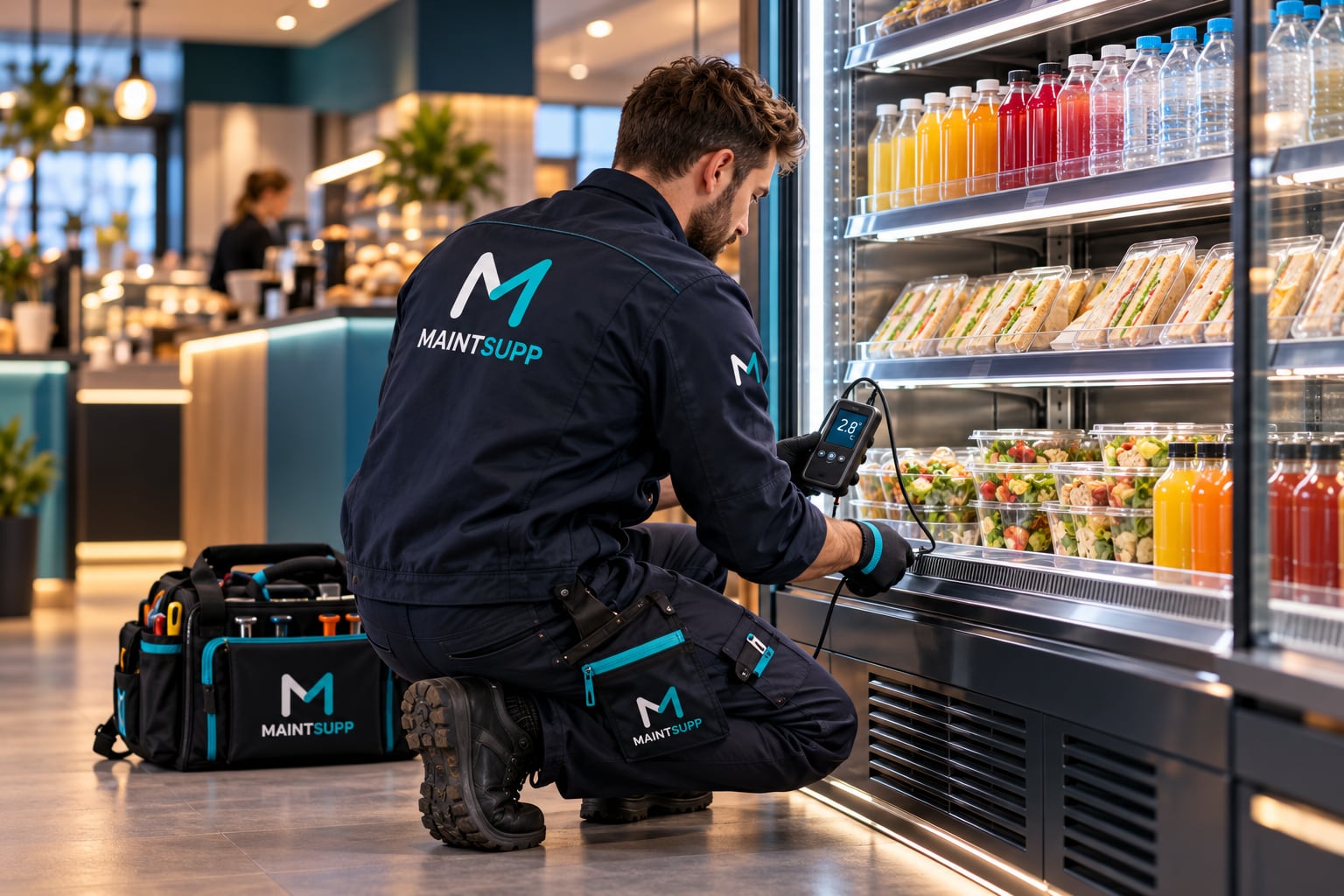 A Maintsupp refrigeration engineer checking a display chiller of drinks and sandwiches with a digital temperature gauge