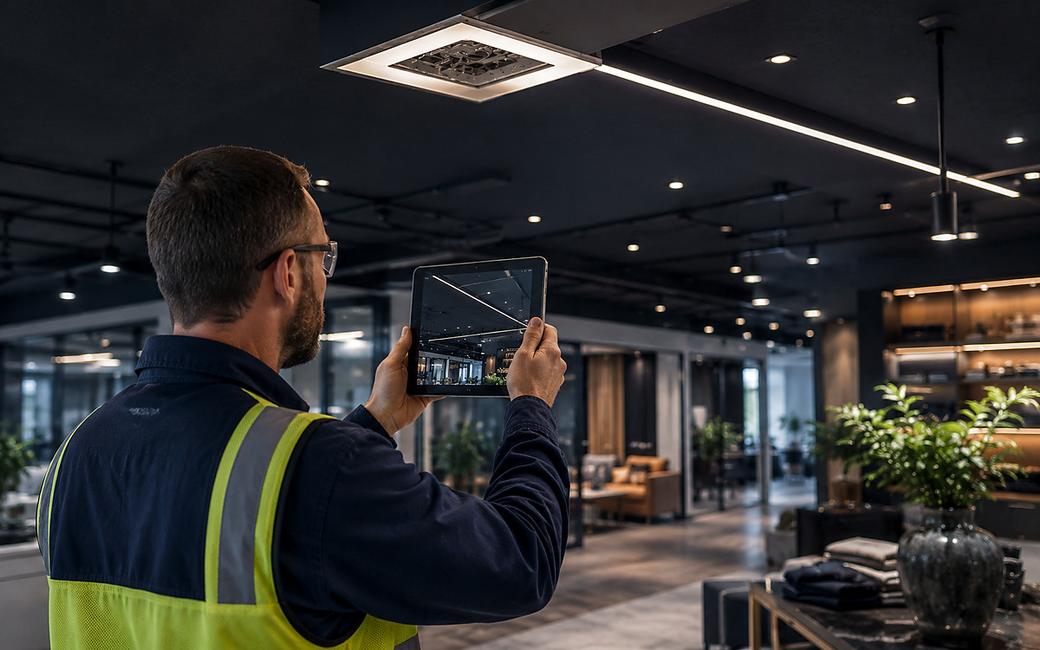 An engineer photographing completed work on a phone as close-out evidence