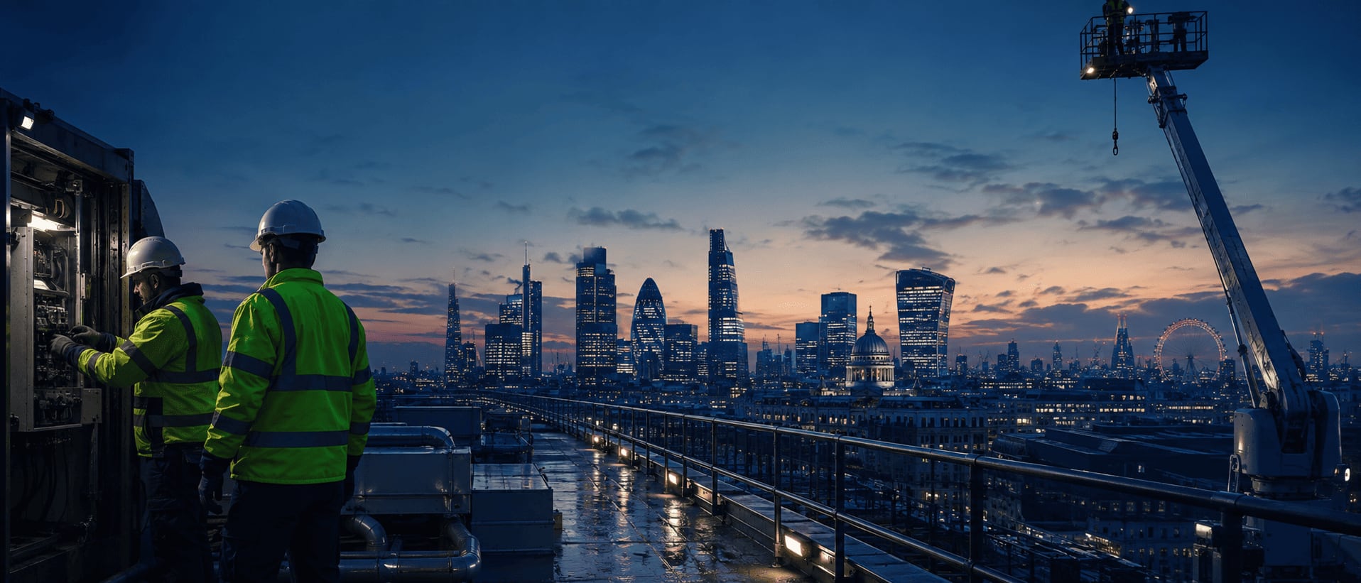 Two maintenance engineers in hi-vis jackets and hard hats working at an open plant panel on a London rooftop at dusk, the lit City skyline behind them and an access platform raised nearby