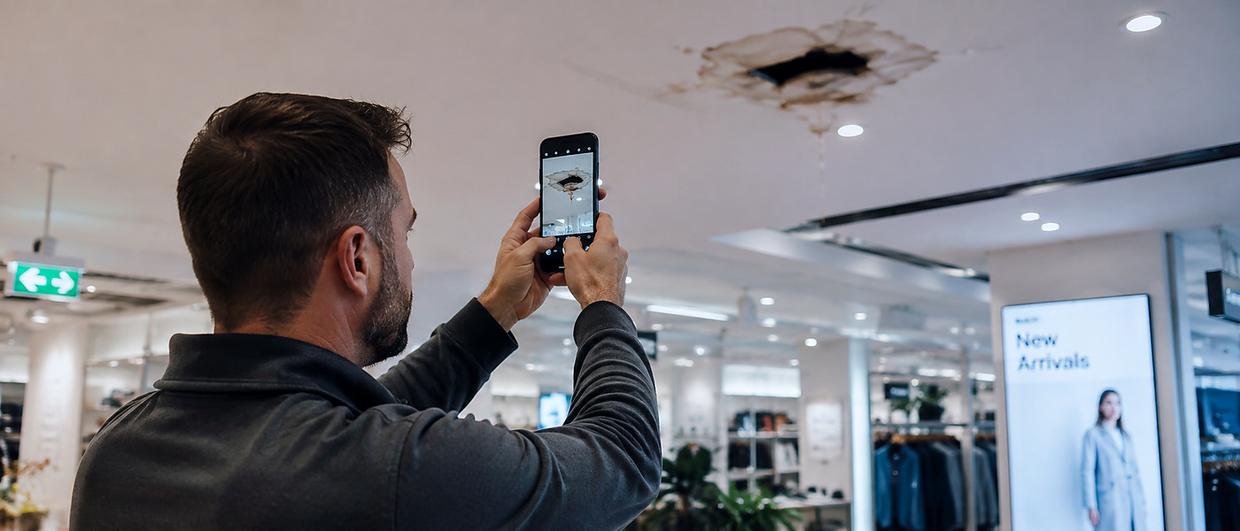 A store manager photographing a water-stained ceiling fault on a phone